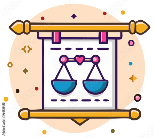 Love and Justice Concept with Scales of Balance and Heart Symbol on Scroll