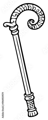 Black and White Cartoon of a Crooked Staff with Ornamental Details