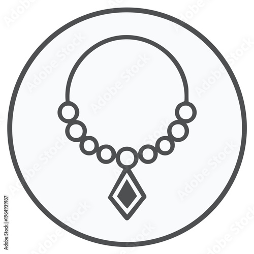 Minimalist outline of a beaded necklace with a diamond pendant inside a circle