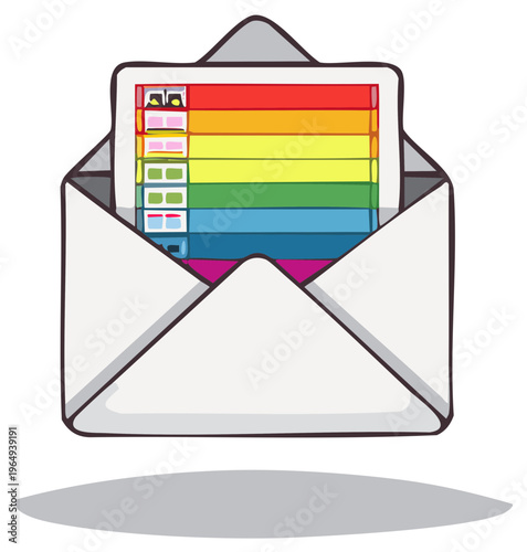 Digital message with rainbow colors and diverse profiles arriving in an envelope