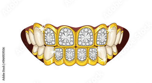 Diamond Gold Grillz on White Teeth, Sparkling Luxury Smile, Hip Hop Jewelry