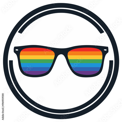 A smiley face icon wearing sunglasses with rainbow lenses representing LGBTQ pride
