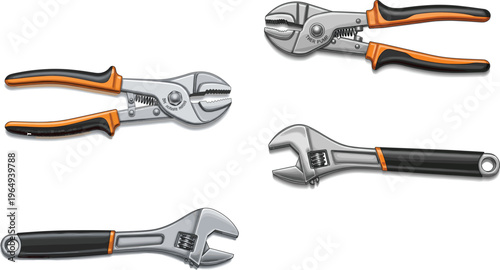 Professional industrial hand tools set featuring adjustable wrenches and pliers with ergonomic handles isolated on white background for repair services