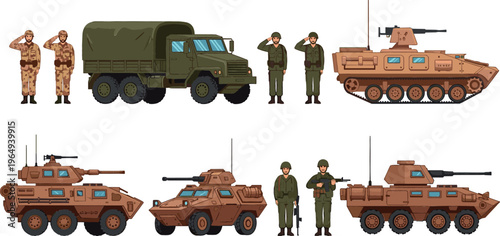 Foto Military Tanks, APCs, Transport Truck, and Saluting Soldiers in Tactical Gear fo