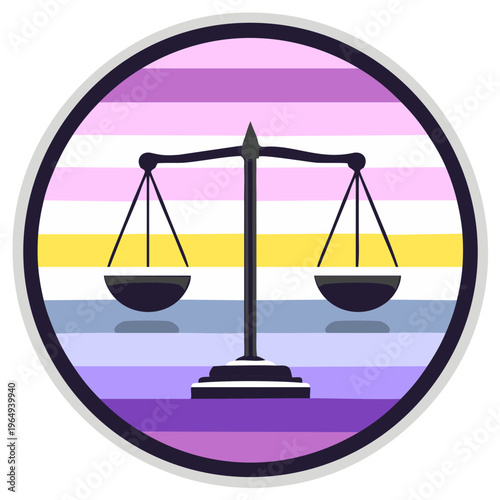 Genderfluid pride flag with scales of justice symbolizing legal equality and gender identity rights
