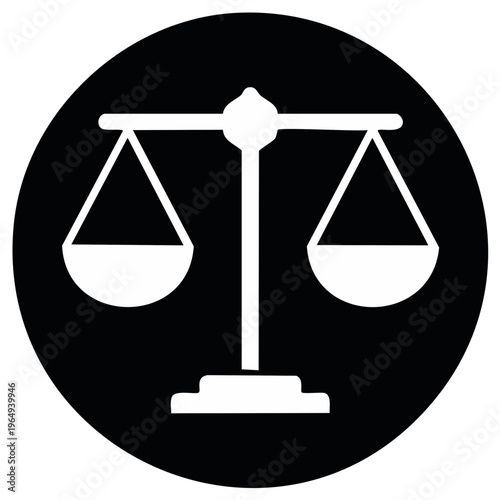 Classic white balance scale symbol inside a black circular shape illustrating justice and legal equality