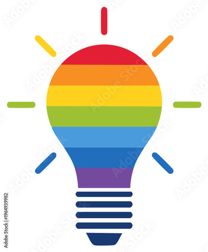 Rainbow light bulb glowing with bright idea symbol and rays of light