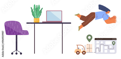 Remote work, logistics, delivery systems, office setups, e-commerce, digital workflow. A desk with a laptop, plant chair route map and flying person above crates. Remote work and logistics visuals