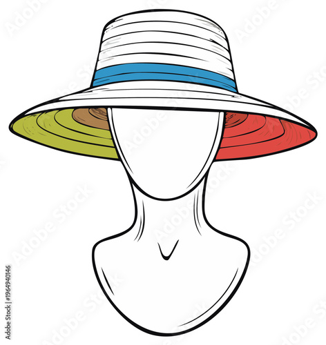 Stylish summer sun hat design with multi color brim and blue ribbon detail