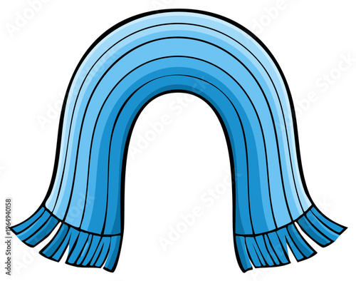 Cartoon illustration of a blue winter scarf with fringe, isolated.