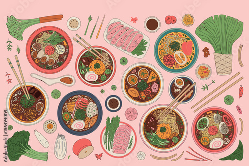 A pink table is covered with various bowls of colorful ramen and plates of sliced meat. Chopsticks, spoons, and small dipping bowls are scattered among the main dishes to complete the feast. 
