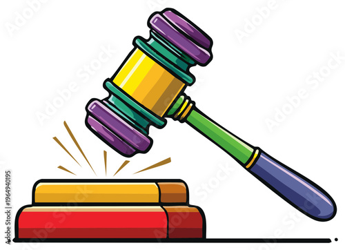 Bright cartoon gavel hitting wooden block for justice law decision and auction themes
