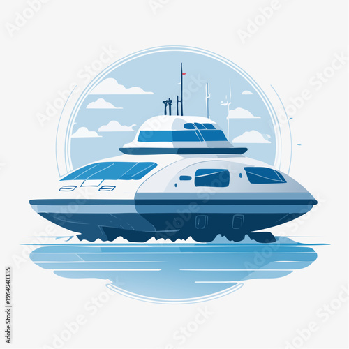 Futuristic Hovercraft sailing smoothly on water with a serene sky backdrop