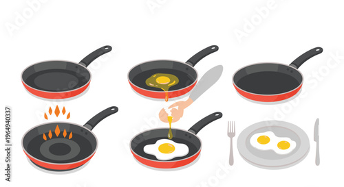 Step-by-step infographic showing how to cook eggs in a frying pan from turning on the heat to serving a finished meal on a plate.
