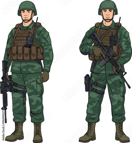 Camouflaged Soldier in Tactical Gear with Rifle for Military and Combat Illustrations
