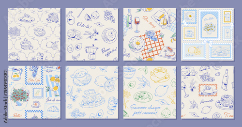 Whimsical french breakfast seamless pattern in soft blue and yellow set. Hand drawn cafe food as croissant and dessert set with coffee wine on cozy background. Doodle bakery tile texture for cafe