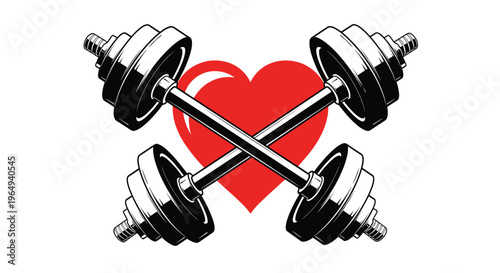 Graphic illustration of two crossed dumbbells placed over a red heart shape, symbolizing the love for fitness and cardiovascular health.