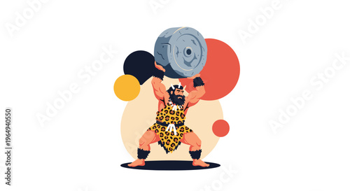 Strong caveman character in a leopard print pelt lifting a massive round stone over his head, representing primitive strength and power.