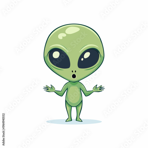 Adorable green alien creature with wide eyes and outstretched arms expressing surprise or confusion