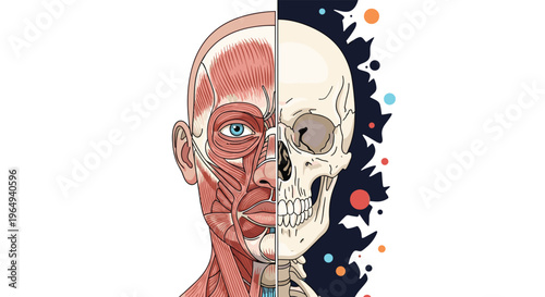 Artistic split portrait showing one half of a human face with muscles and skin and the other half as a skeletal skull with cosmic details.