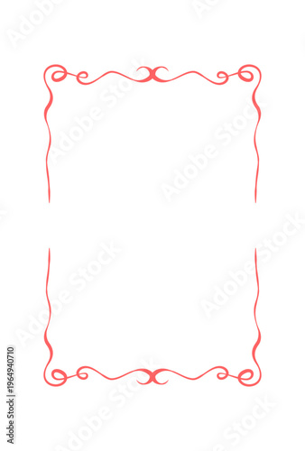 Whimsical red ribbon rectangle frame on white. Elegant curly border as cute decorative doodle and romantic hand drawn outline. Simple vintage frame for social media post, invite card or holiday menu
