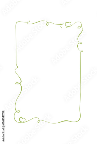 Vintage romantic wedding frame in soft green line style. Delicate valentine heart border as cute card outline and simple background. Whimsical hand drawn wavy doodle works for social media invitation