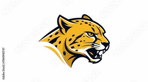 Dynamic and fierce cheetah head logo illustration in profile, roaring with intense expression, symbolizing speed and power for branding