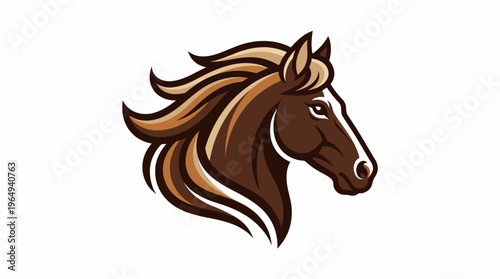 Majestic Brown Horse Head Illustration with Flowing Mane in Profile View, Clean Graphic Art for Branding and Sports Emblems
