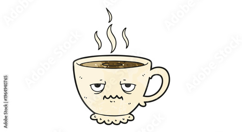 Relatable cartoon illustration of a coffee cup character with tired eyes and a grumpy expression, needing caffeine to start the day.