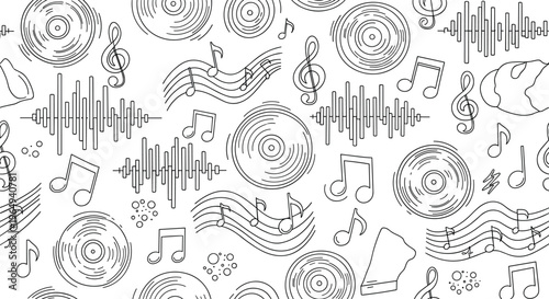 Music and Sound Icon Set with Vinyl Records, Sound Waves, Notes, and Music Symbols for Audio, DJ, and Entertainment Design Projects