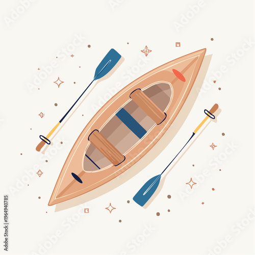 Illustration of a wooden canoe with two paddles, ideal for outdoor recreation and adventure