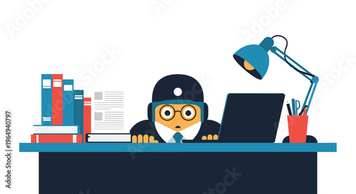 Office worker peeking over the top of a desk cluttered with books, a laptop, and pens, looking overwhelmed or hiding from work.