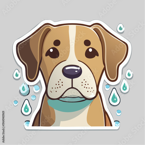 Adorable Sad Puppy Illustration with Blue Collar and Gentle Water Droplets - A Cute Canine Sticker Design