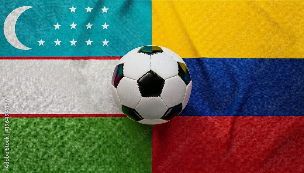 Fototapeta premium soccer ball between Uzbekistan flag and Colombia flag