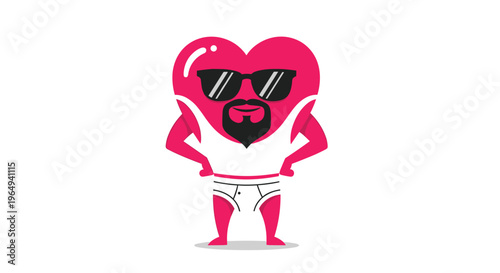 Fun heart character with a beard and sunglasses wearing a white tank top and underwear, representing self-love and confidence.