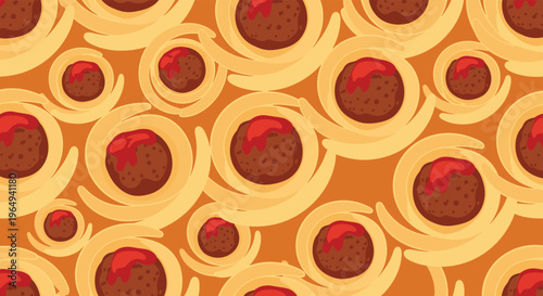 Delicious seamless pattern featuring swirled spaghetti noodles topped with savory meatballs and tomato sauce on an orange background.