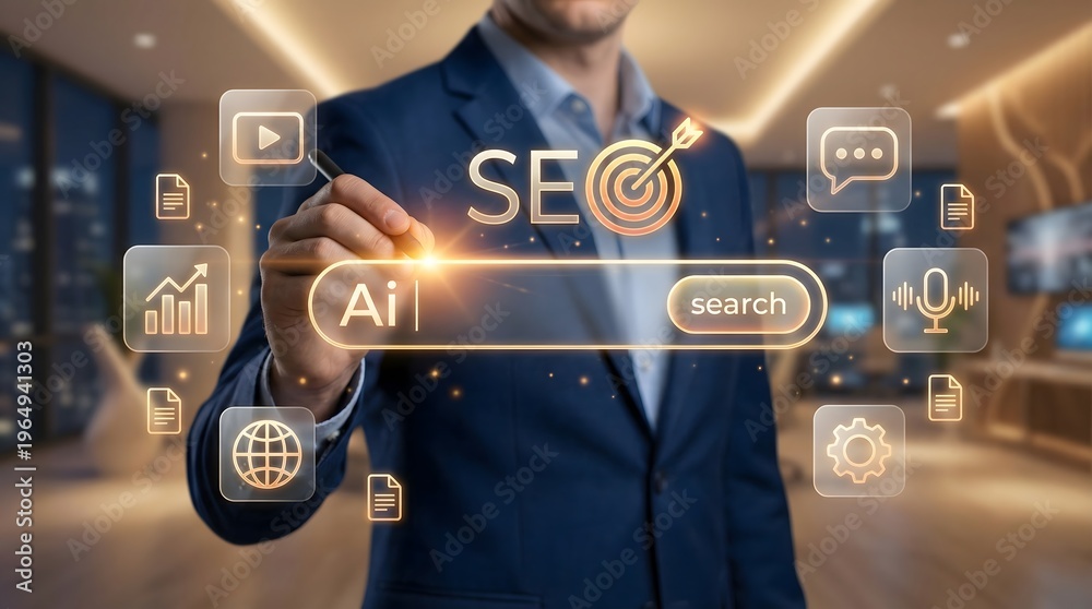 Obraz premium Businessman interacting with an SEO and artificial intelligence search engine hologram interface