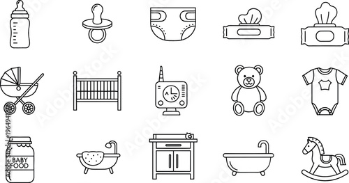 Baby and Nursery Icon Set Featuring Bottles, Diapers, Strollers, Toys, and Baby Care for Websites, Apps, and Digital Media