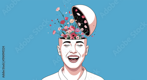Surreal illustration of a laughing man with the top of his head open and beautiful flowers blooming out, representing mental health and growth.