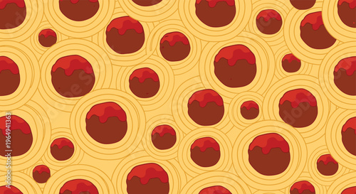 Seamless pattern of meatballs with tomato sauce on swirls of spaghetti, creating a delicious food illustration for kitchen decor.