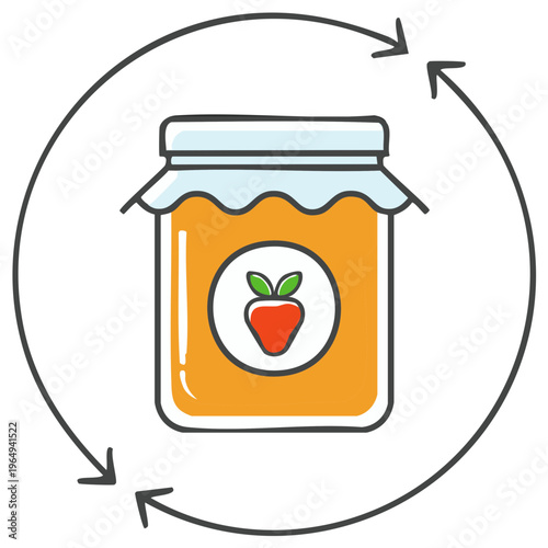 Jar of delicious orange jam with strawberry logo and circular arrows symbolizing freshness or preservation