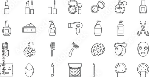 Beauty and Personal Care Icon Set Featuring Makeup, Skincare, Haircare, and Cosmetic Tools for Websites, Apps, and Digital Media