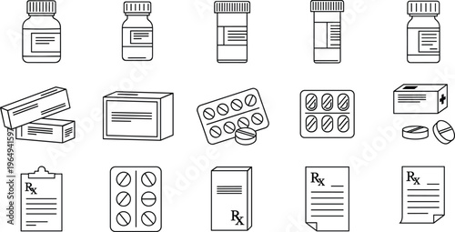 Pharmaceutical and Medicine Icon Set with Bottles, Pills, Prescription Forms, and Packaging for Health, Pharmacy, and Medical Design Projects