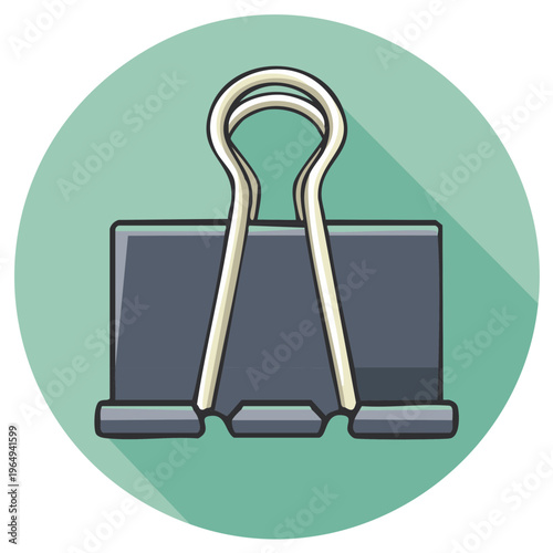 Flat design vector icon of a black binder clip. Office supply cartoon illustration with a long shadow.