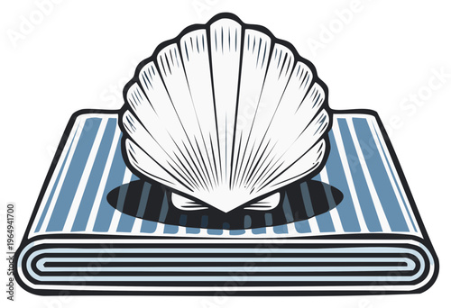 Stylized Illustration of a White Scallop Shell Resting on a Folded Striped Fabric