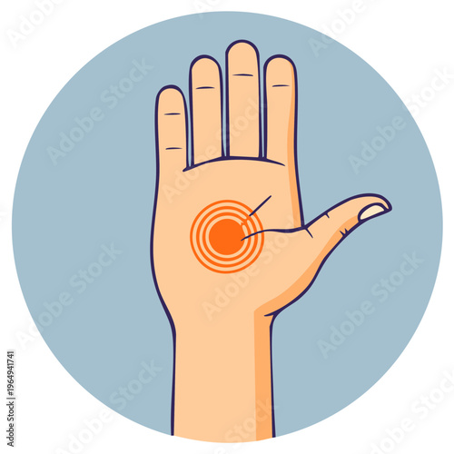 Human hand showing pain in the palm with a red circle icon indicating inflammation or injury