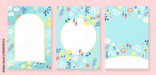 北欧風の花と植物で囲んだナチュラルフレーム背景3点セット パステルブルーのやさしいボタニカルバナーデザイン（縦構図・余白スペース付き）