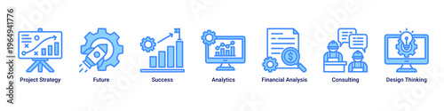 Strategy Growth web banner icon vector illustration with icons of Project Strategy,Future,Success,Analytics,Financial Analysis,Consulting and Design Thinking