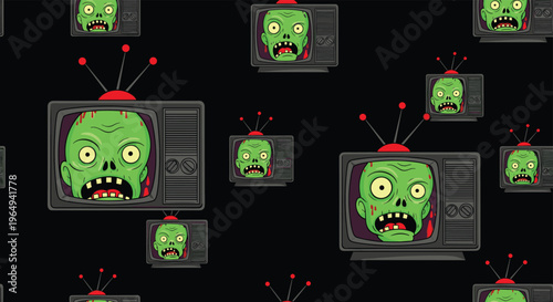 Spooky green zombie heads appearing on vintage television screens against a black background in a fun and eerie seamless pattern.