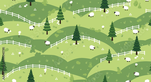 Peaceful green hills with grazing white sheep, pine trees, and fences create a charming pastoral seamless pattern for nursery decor.